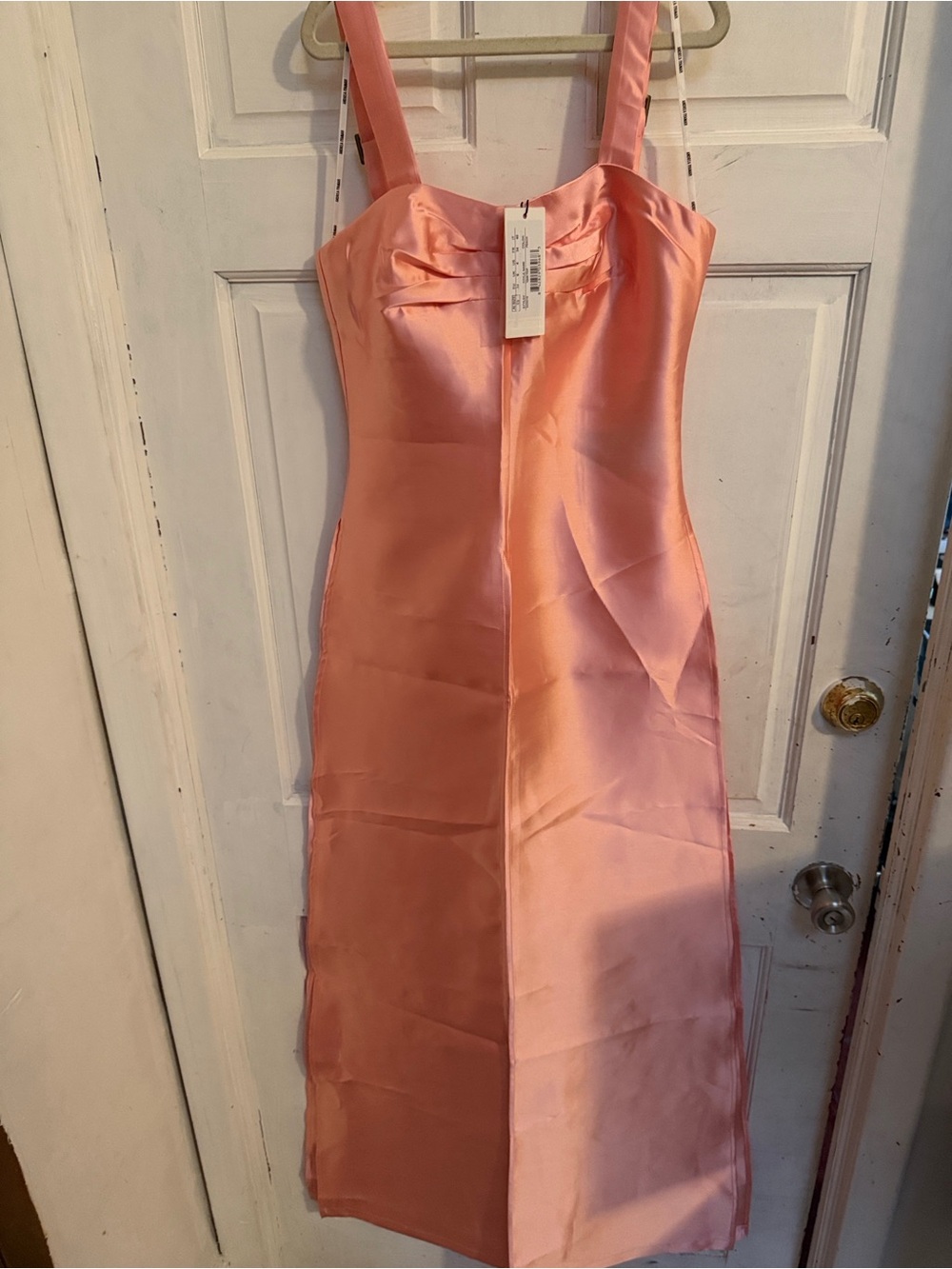 Andrea Iyamah Size S Peach Satin Party Dress with Wide Straps, Middle Split